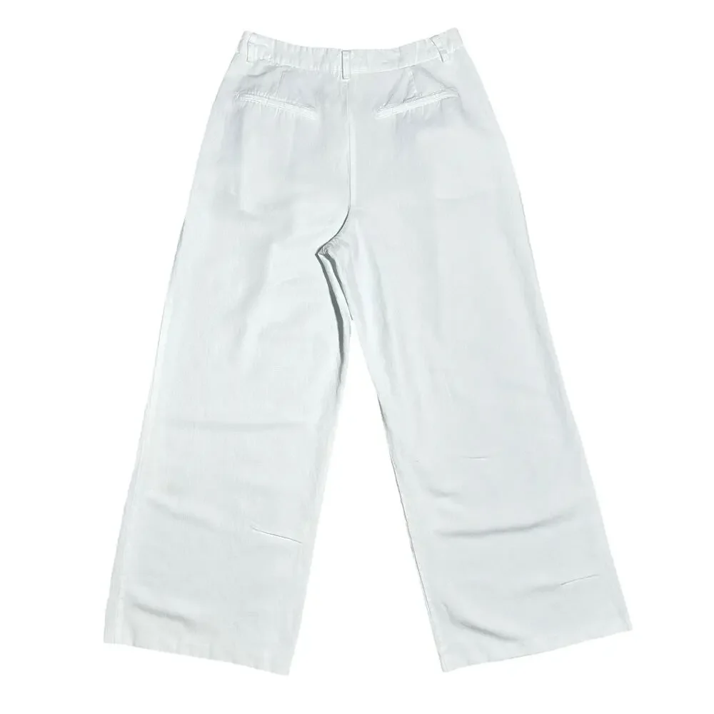 Zara | Women | White Linen Blend Pleated Summer Wide Leg Trousers | Medium